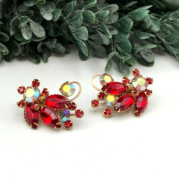 Vintage Clip-On Red & Aurora Borealis Rhinestone Earrings Gold-Tone Metal Statem - Picture 3 of 8